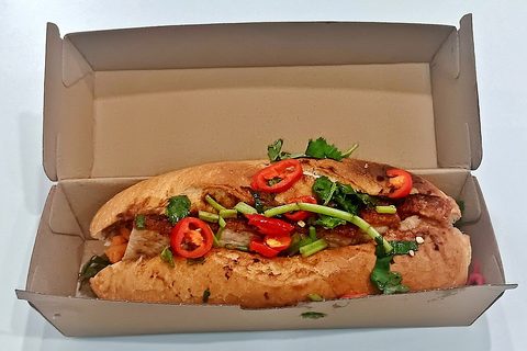 Representative photograph of Banh Mi Pork. The photograph uses crispy roast pork; this draft pan-cooks marinated pork slices.