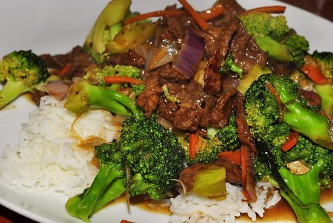 Representative photograph of Beef and Broccoli. The photograph includes rice and extra vegetables; rice is not included in this draft.