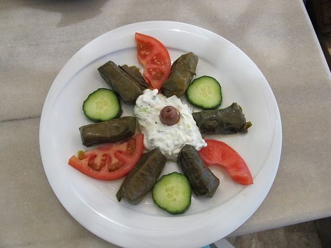Representative photograph of Dolmades. The photograph includes yogurt and salad garnishes not included in this draft.