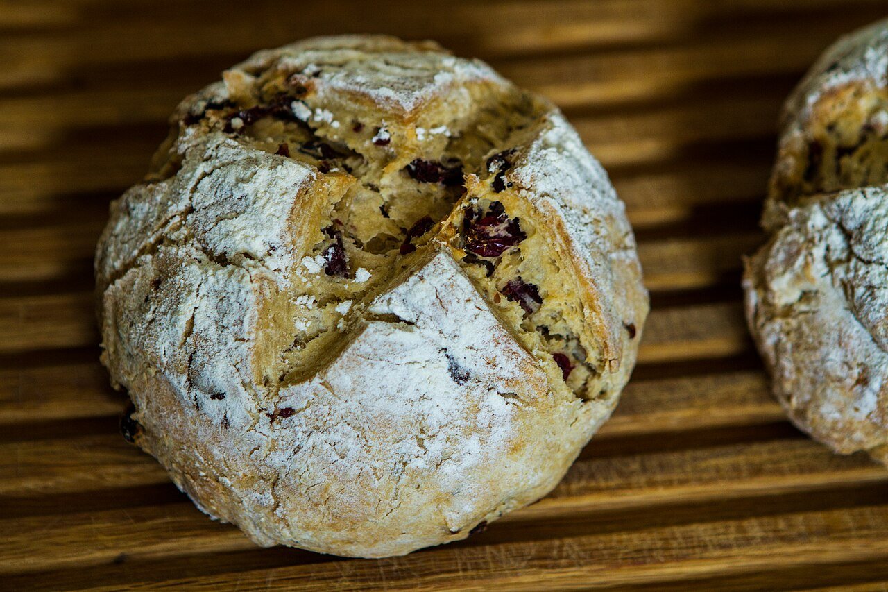Representative photograph of Irish Soda Bread. The photograph includes dried fruit; this draft makes an unsweetened wholemeal soda bread.