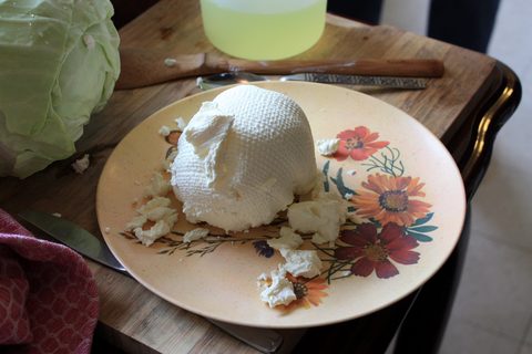 Representative photograph of Labneh. The photograph shows drained labneh before the olive oil and zaatar topping.