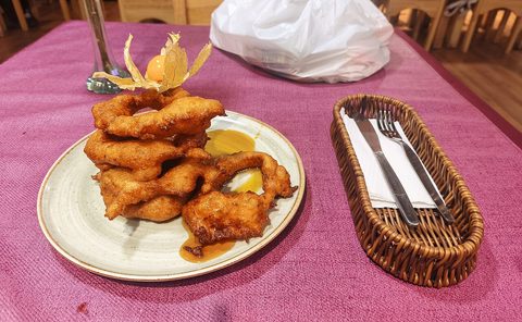 Representative photograph of Picarones. The photograph includes citrus garnish not included in this draft.