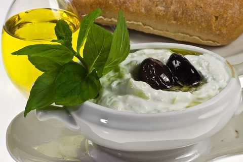 Representative photograph of Tzatziki. The photograph includes olives and bread not included in this draft.
